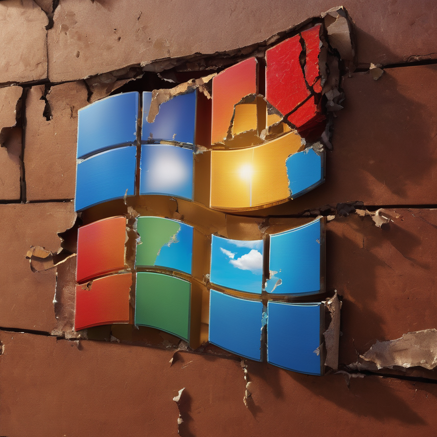 Logo Windows rozbijające się o ścianę z cegieł