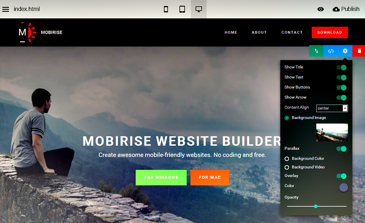 Witryna internetowa w trakcjie tworzenia w tle mężczyżna patrzązy na krajobraz w dolinie. widać panele do projektowania stron internetowych.